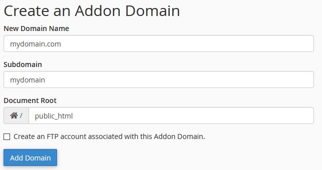 cPanel Addon Domain form